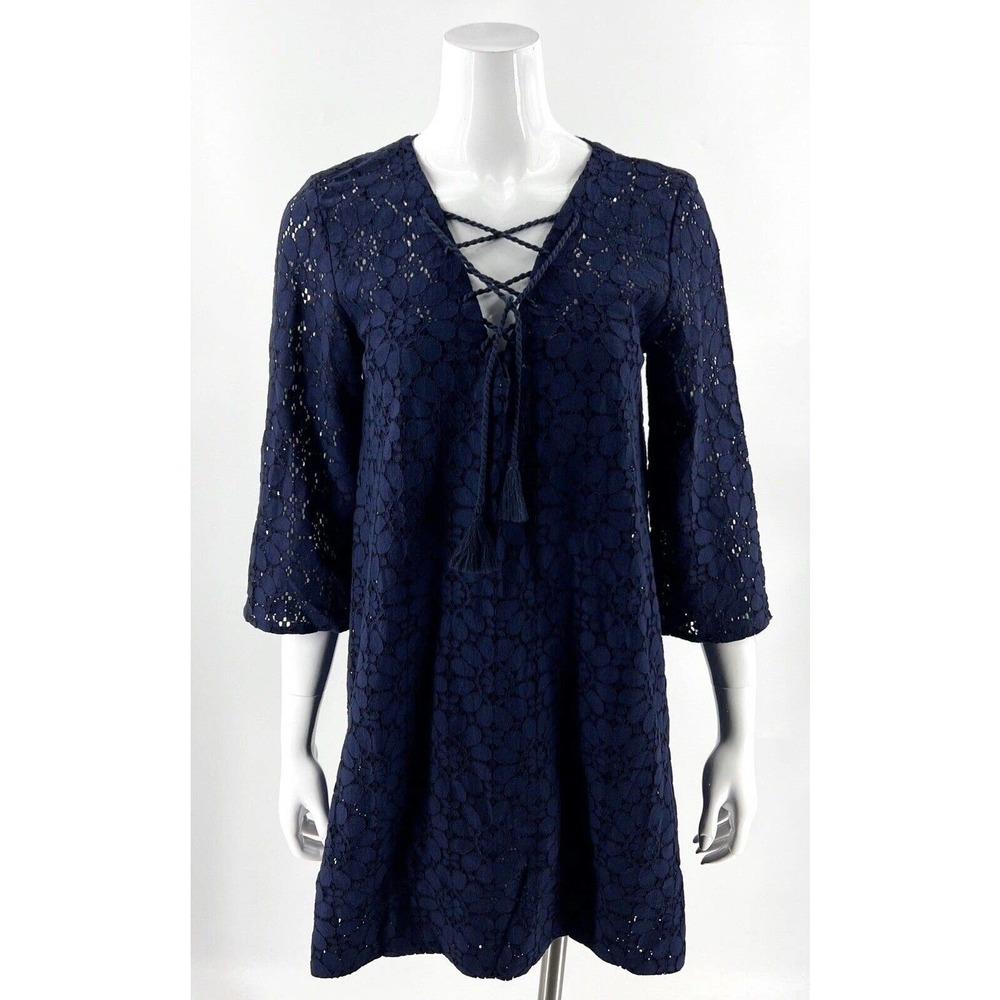 Marabelle Lace Dress Size Small Navy Blue Tassel Lace Up Neck Bell Sleeve Lined